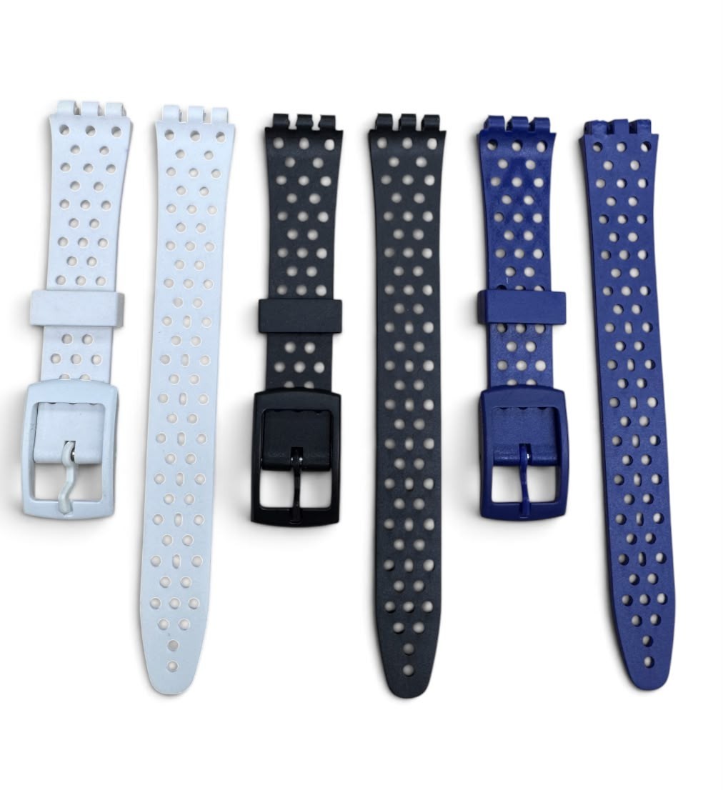 SET OF 3 12MM PVC Watch Band Flat with HOLES without pins White Black Blue