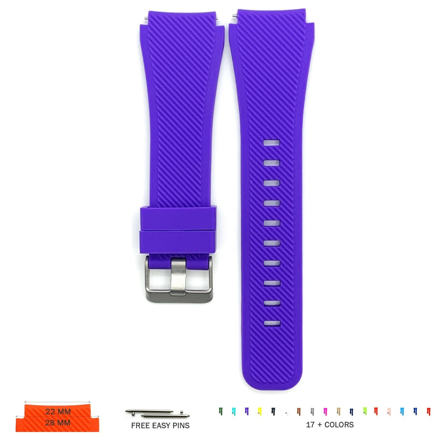 22 MM Rubber Silicone Male Opening Sports Watch Band 17 Colors Quick Release Pin