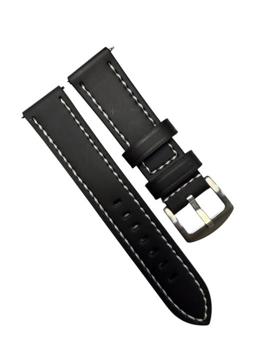 Genuine Leather Black Flat (White Stitched ) Watch Band – Quick Release Strap