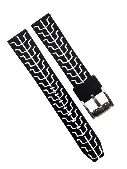 High-Quality Black Silicone Watch Band with White Pattern – Flat Stitched Strap
