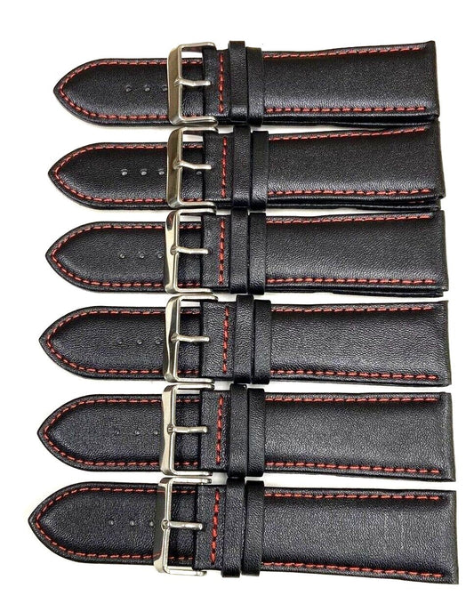 Watch Band Genuine Leather Plain PADDED With Stitches Black Color Of Size 24MM