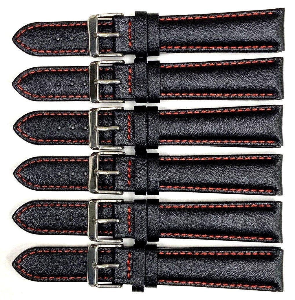 Watch Band Genuine Leather Plain PADDED With Stitches Black Color Of Size 18MM