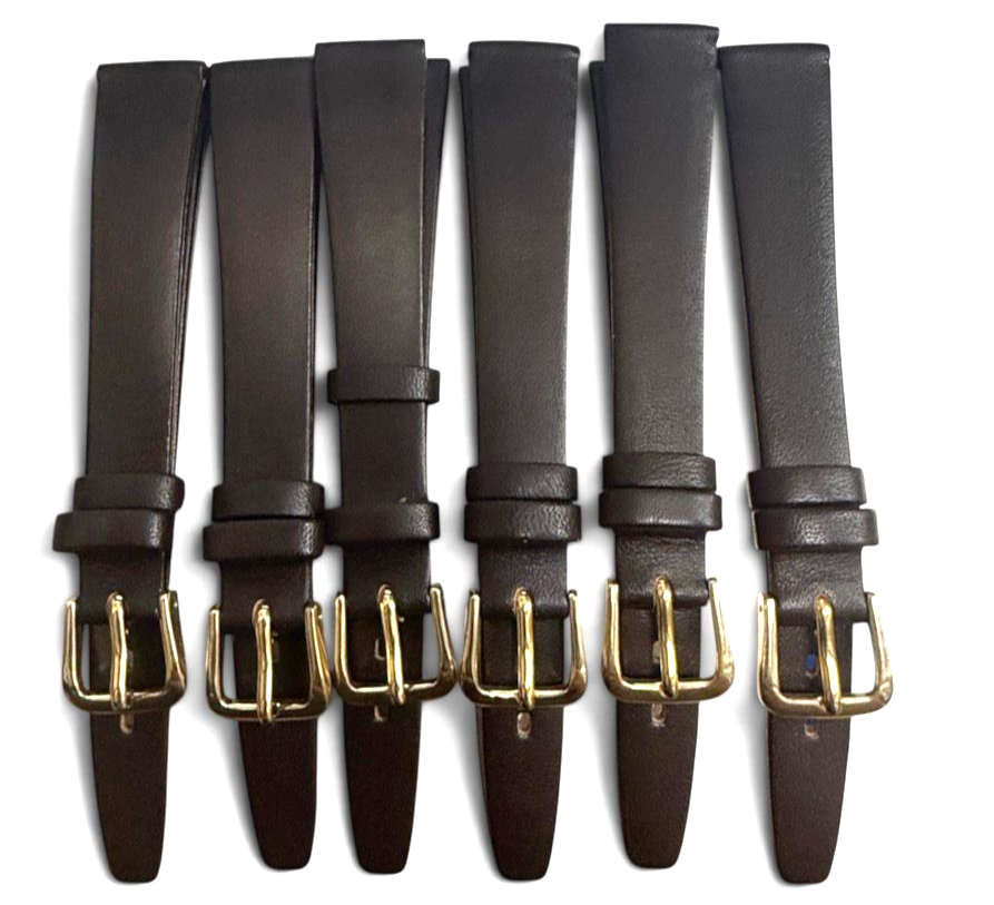 ( SET OF 6( D.Brown 14MM FLAT LEATHER STRAP BAND FOR WATCH gold Buckle