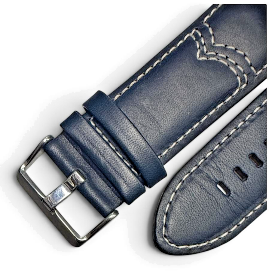 High-Quality Genuine Leather Watch Band Strap Blue color w/ White stich-27mm