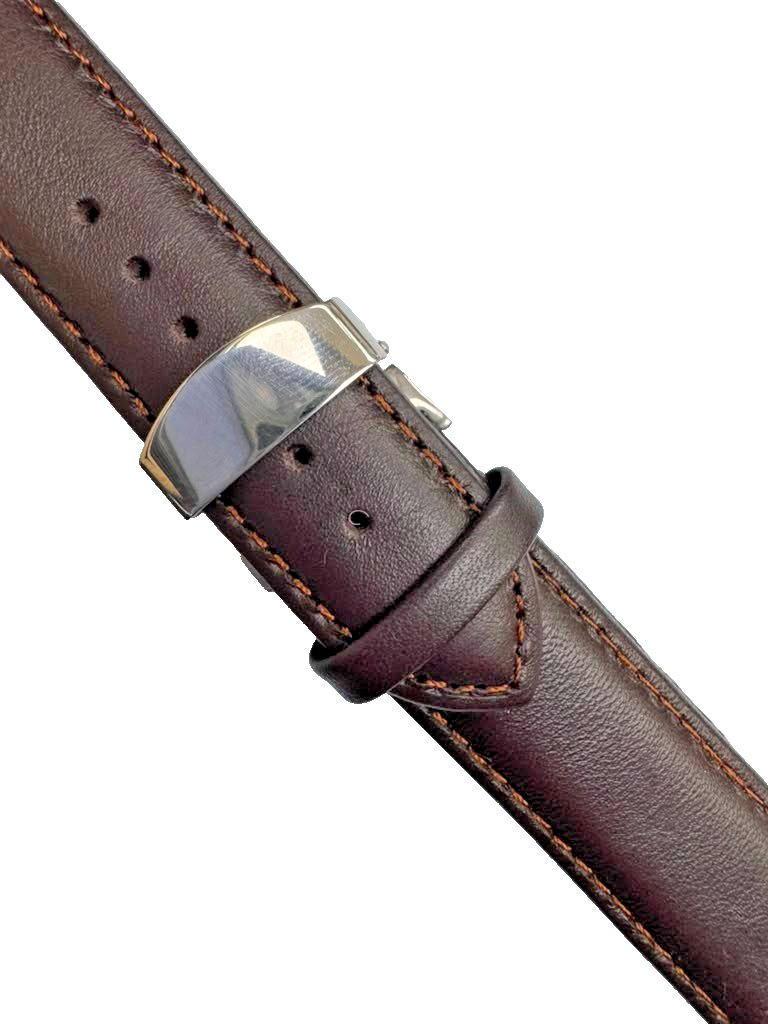 22mm BROWN Genuine Leather stitched Padded Watch Band With Deployment Buckle