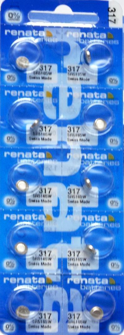 Renata 317 Watch Cell Batteries SR516SW, SWISS MADE, 0% MERCURY (Pack of 10)