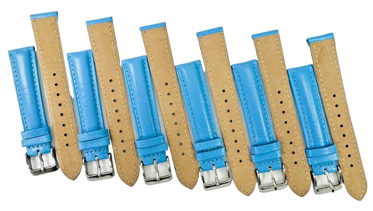 18mm, Lot of 6 Watch Bands Plain L.Blue Stitches Genuine Leather Padded