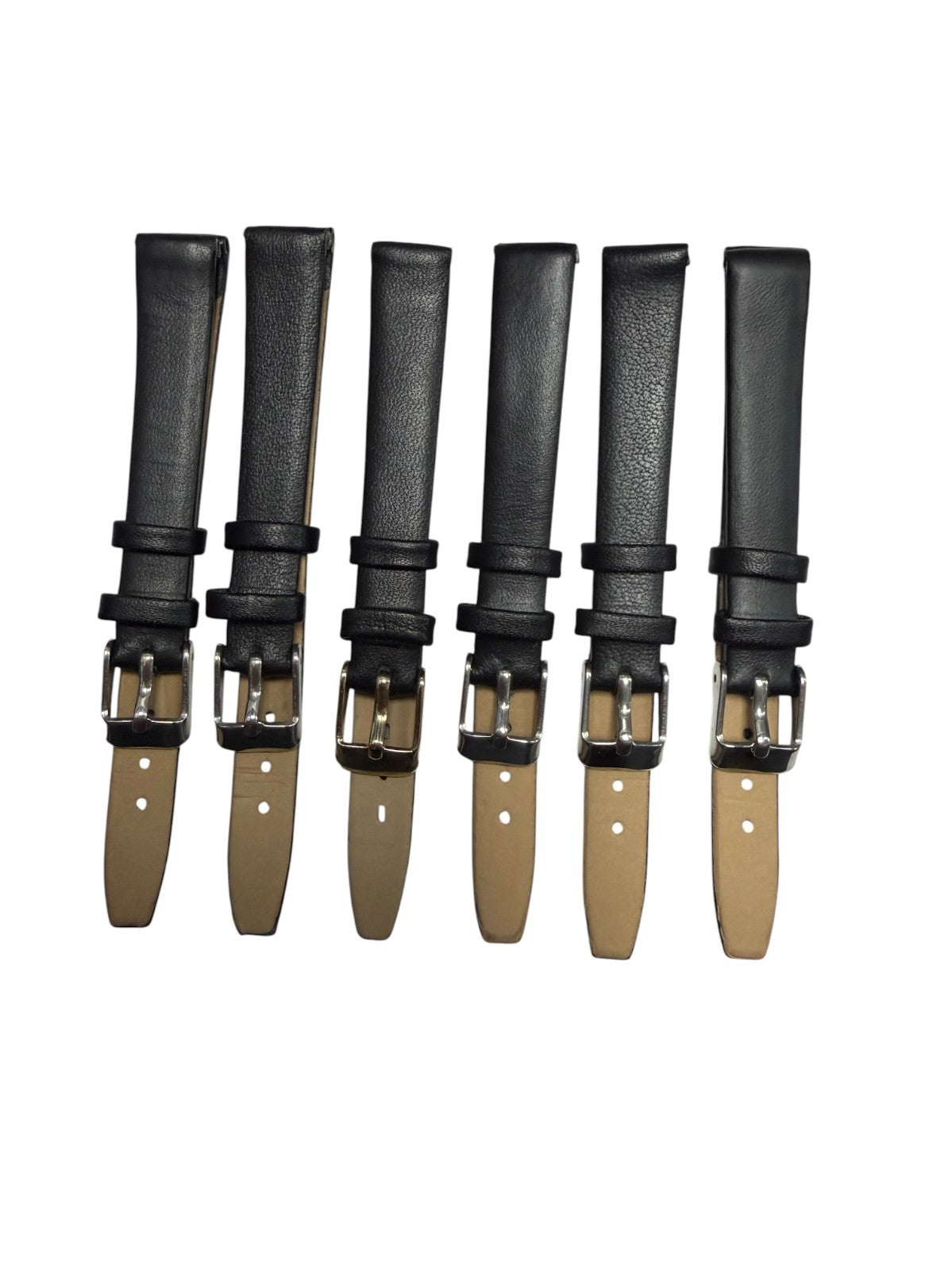 6 Piece 16mm Genuine Leather Black Watch Band – Slim Flat Grain Strap (Lot of 6)