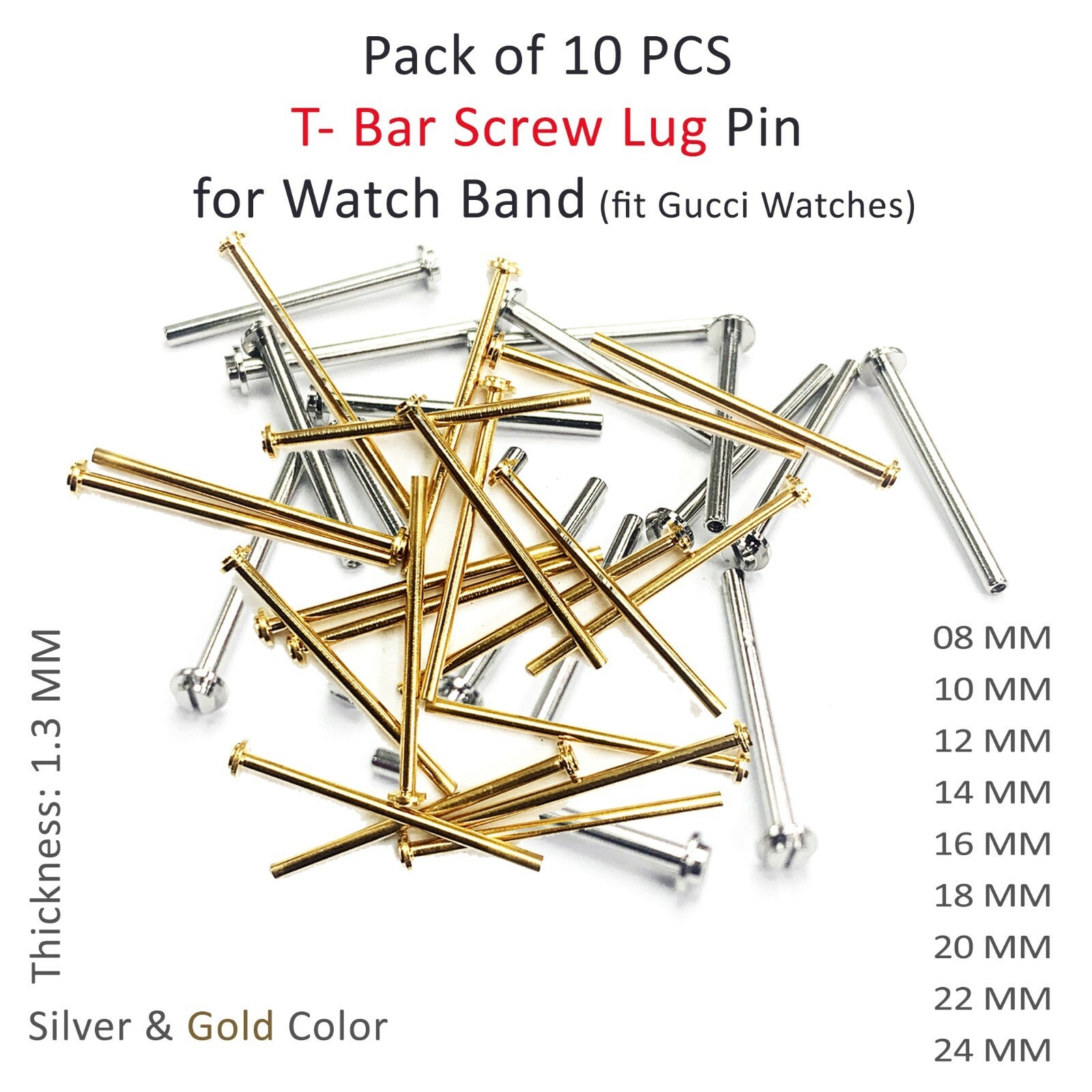 10 Gucci Type T-bar Screw Lugs fit Gucci Band Gold and Silver 1.3 MM, 8-24 MM