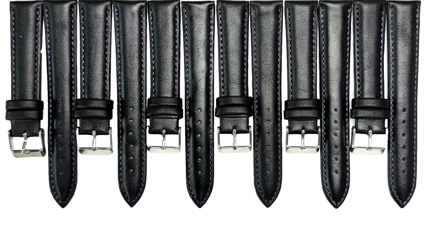 Lot of 6 Watch Bands Plain Black w Purple Stitches Genuine Leather Padded 20mm