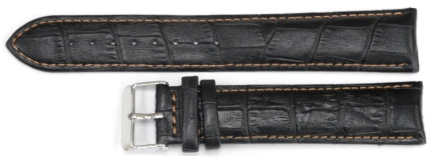 Watch Band Black Genuine Leather Alligator Grain Orange Stitches 22mm-XXL