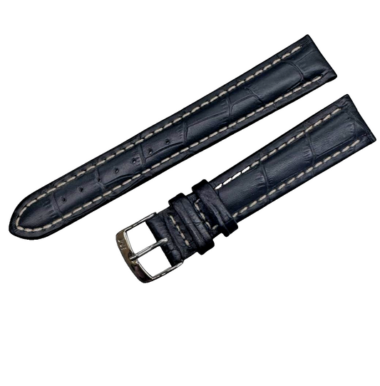 18MM BLACK LEATHER ALLIGATOR GRAIN PADDED STITCHED WATCH BAND