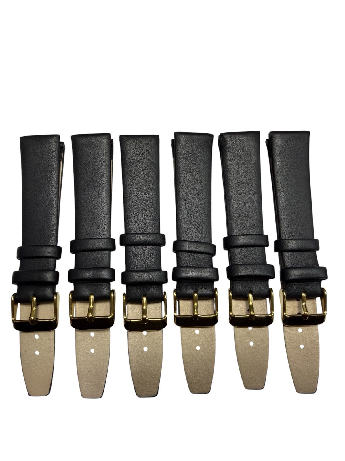6 Piece 16mm Genuine Leather Black Watch Band – Slim Flat Grain Strap (Lot of 6)