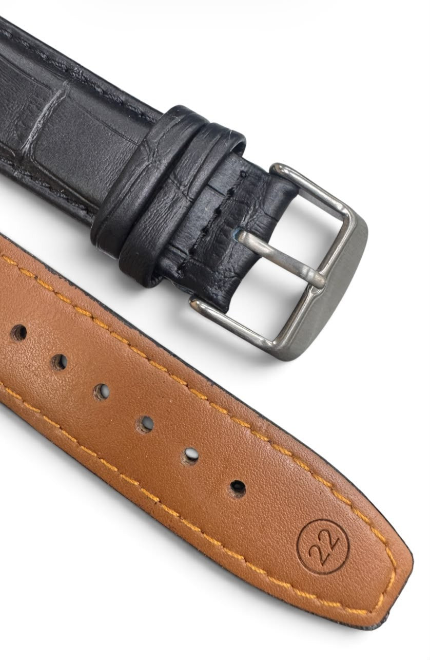 22 MM Black Genuine Leather Alligator Grain Watch Band for High End Watches