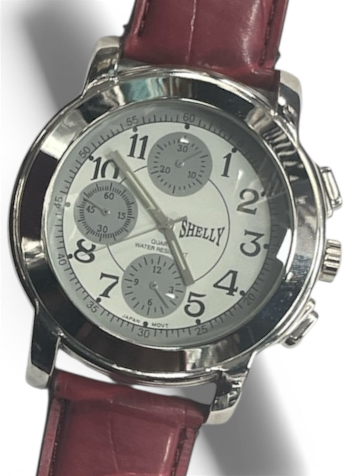 SHELLY round Dial Watch Silver Tone Burgandy Genuine Leather Band Watch