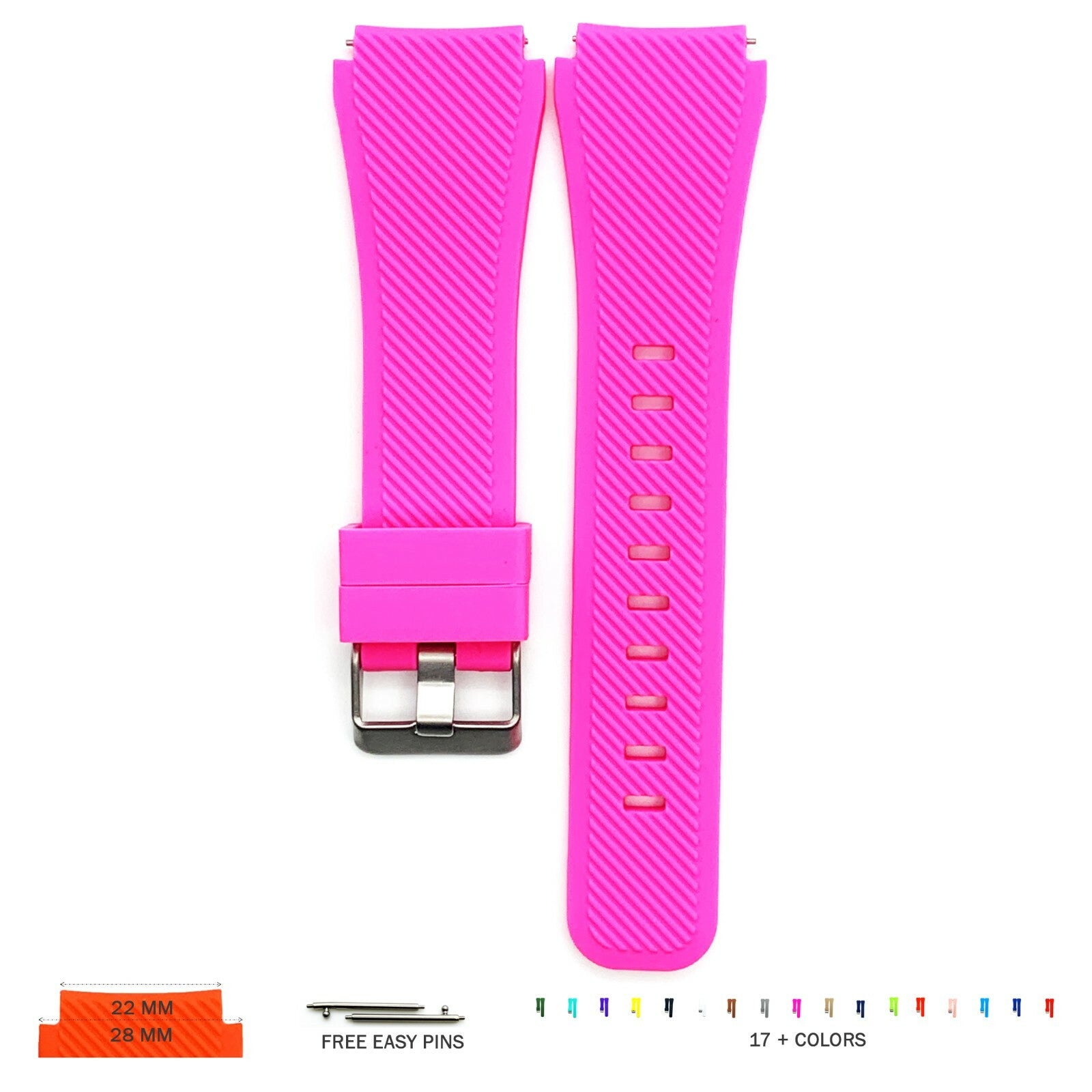 22 MM Rubber Silicone Male Opening Sports Watch Band 17 Colors Quick Release Pin