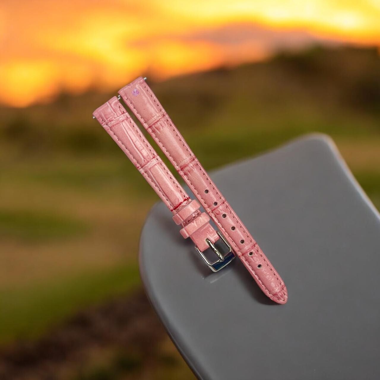Watch Band Genuine Leather Alligator Grain PINK Padded,Stitched 12mm