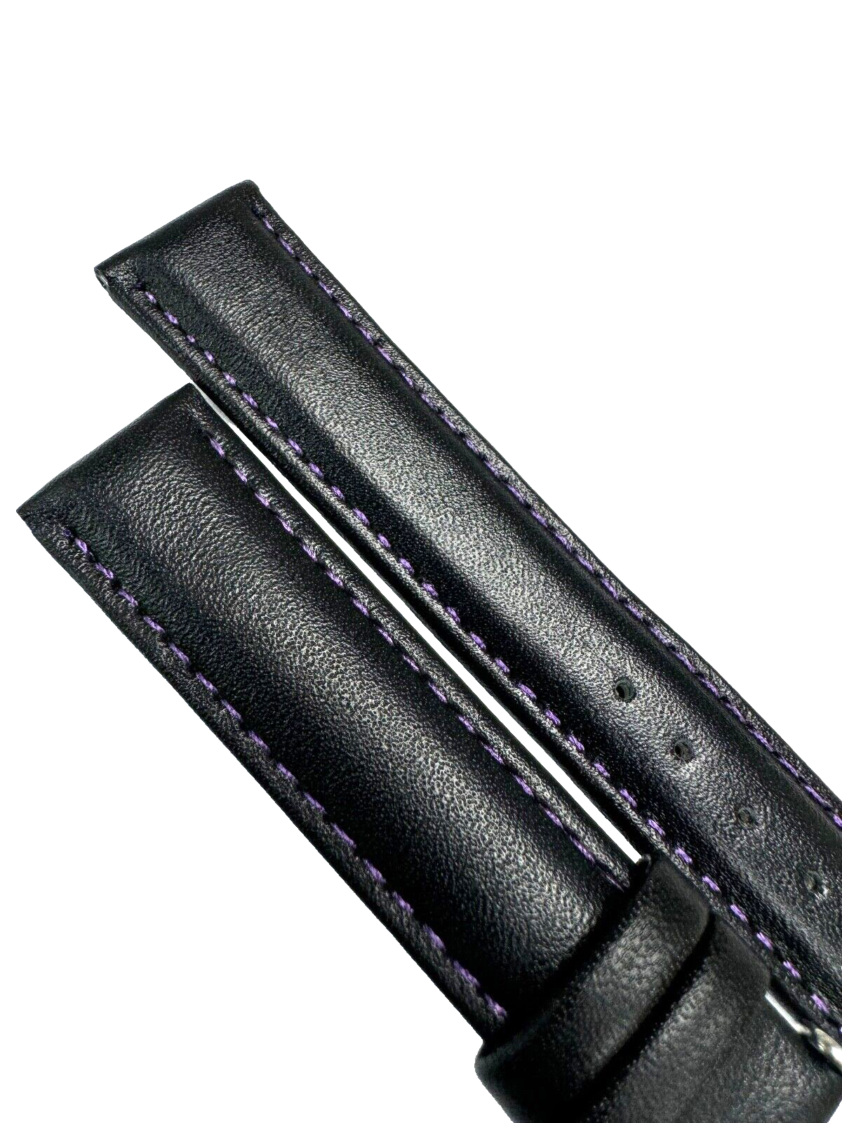 Watch Band Plain Black w Purple Stitches Genuine Leather Padded 20mm