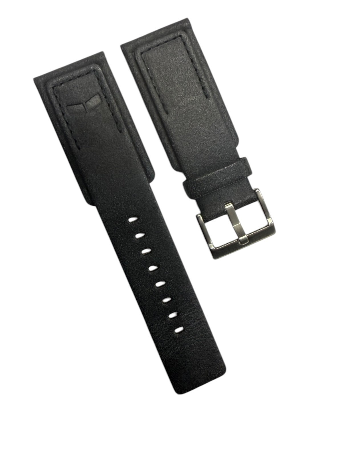 Genuine Black Leather Watch Band 26mm Smooth Finish Strap Stainless Steel buckle
