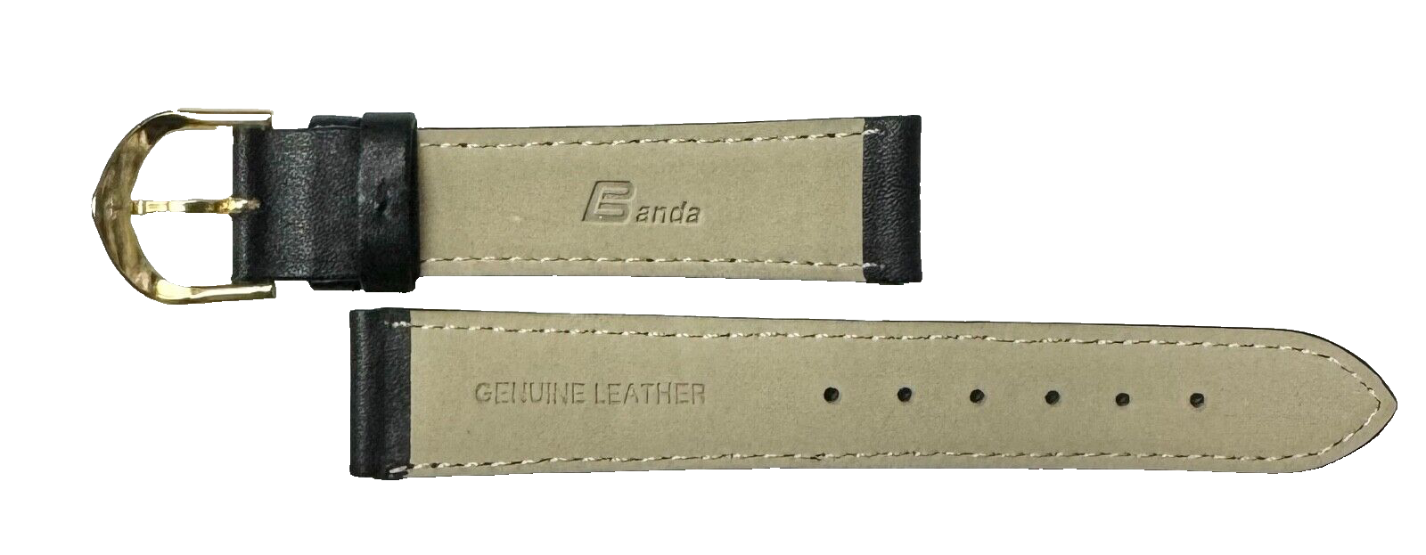 18 MM Plain Padded Black Genuine Leather Watch Band with stitches