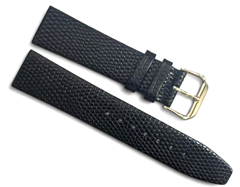20mm Kreisler Lizard Grain Black Leather Watch Band with gold buckle