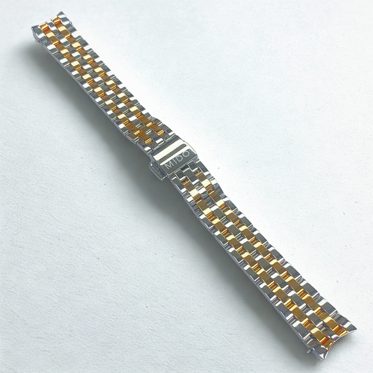Two-Tone Stainless Steel Watch Band - 15mm Bracelet w/ Curved End Links for Mido