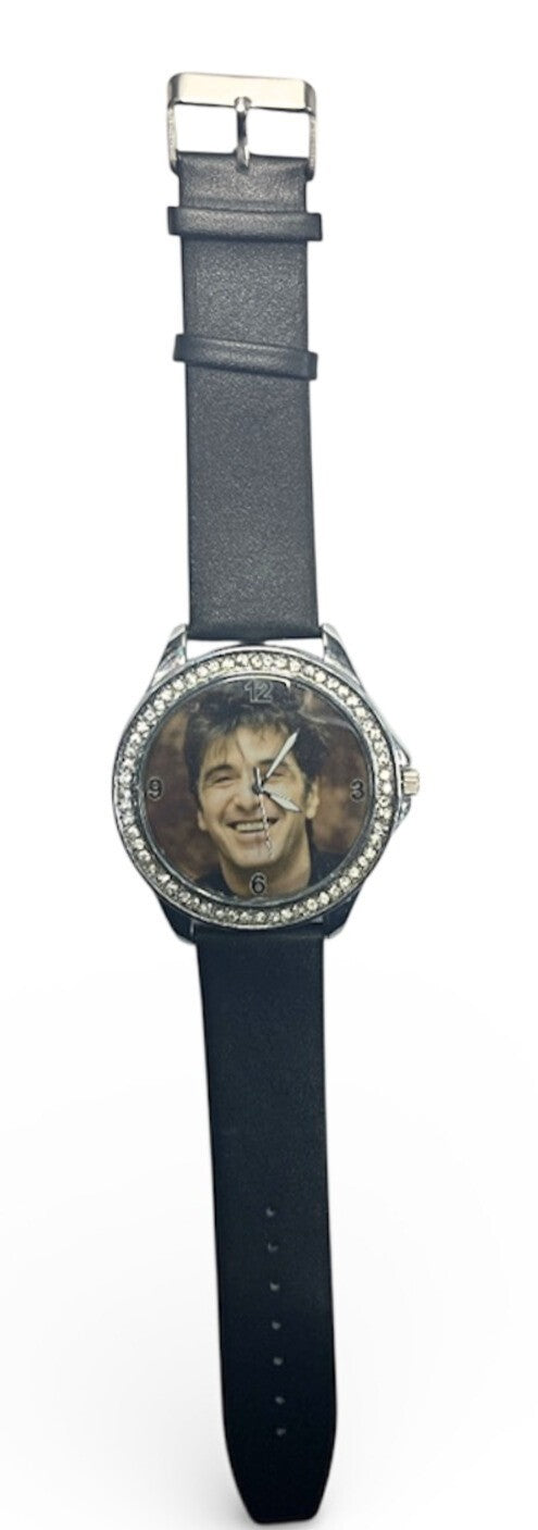The Al Pacino Rhinestones Dial Watch Men Silver Tone Black Genuine Leather Band