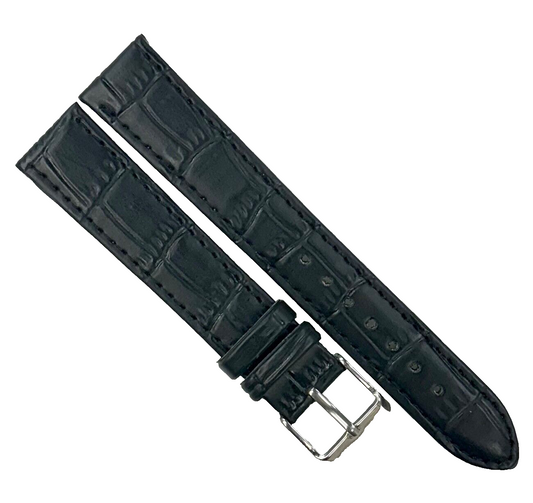 Watch Band Black Genuine Leather Alligator Grain Flat Stitches 16x14mm