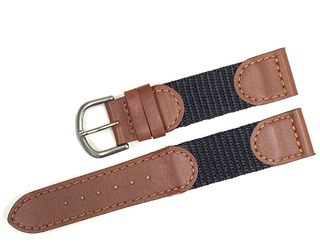 Watch Band Brown/Black Leather & Fabric, Nylon fit Timex Watches Size 20mm