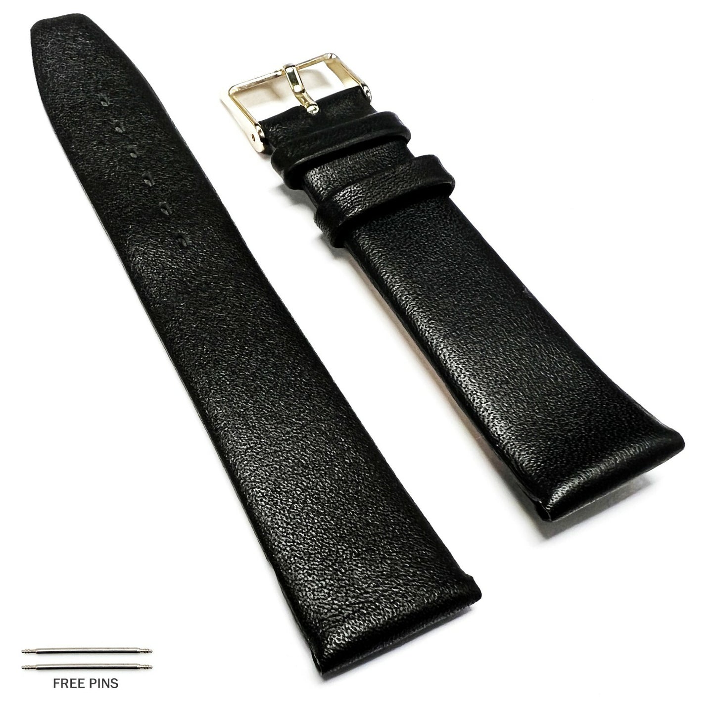 Universal,Watch Band Black Plain Smooth Genuine Leather Flat 20mm 