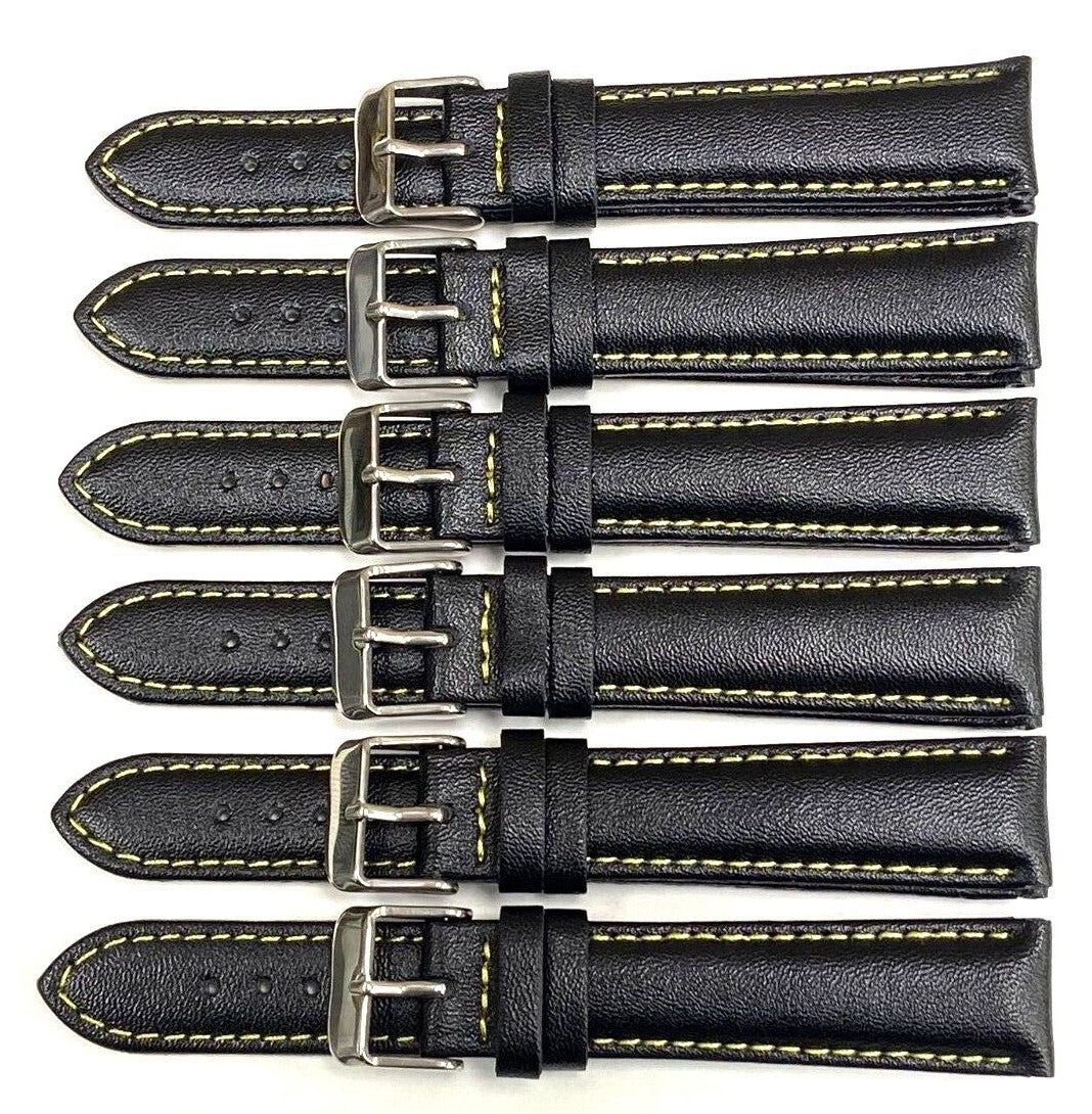 Watch Band Genuine Leather Plain PADDED With Stitches Black Color Of Size 18MM