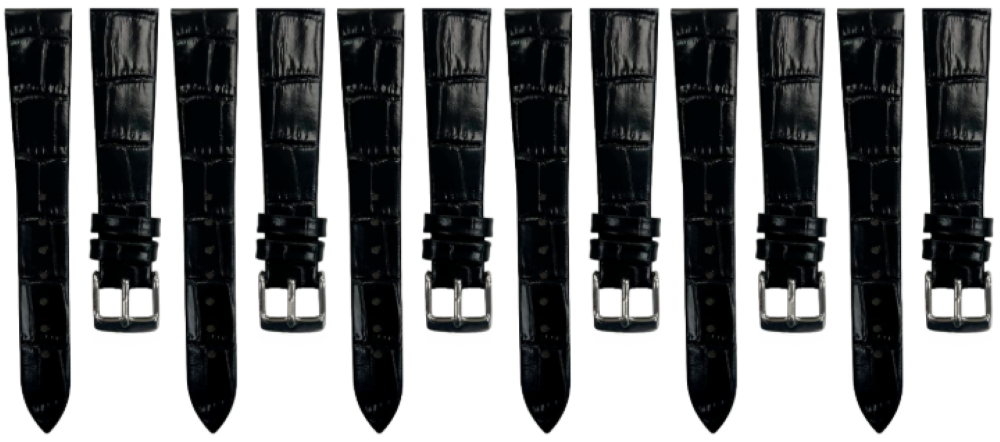 6PCS Black Leather Flat Unstitched Alligator Grain Watch Band Size 18MM