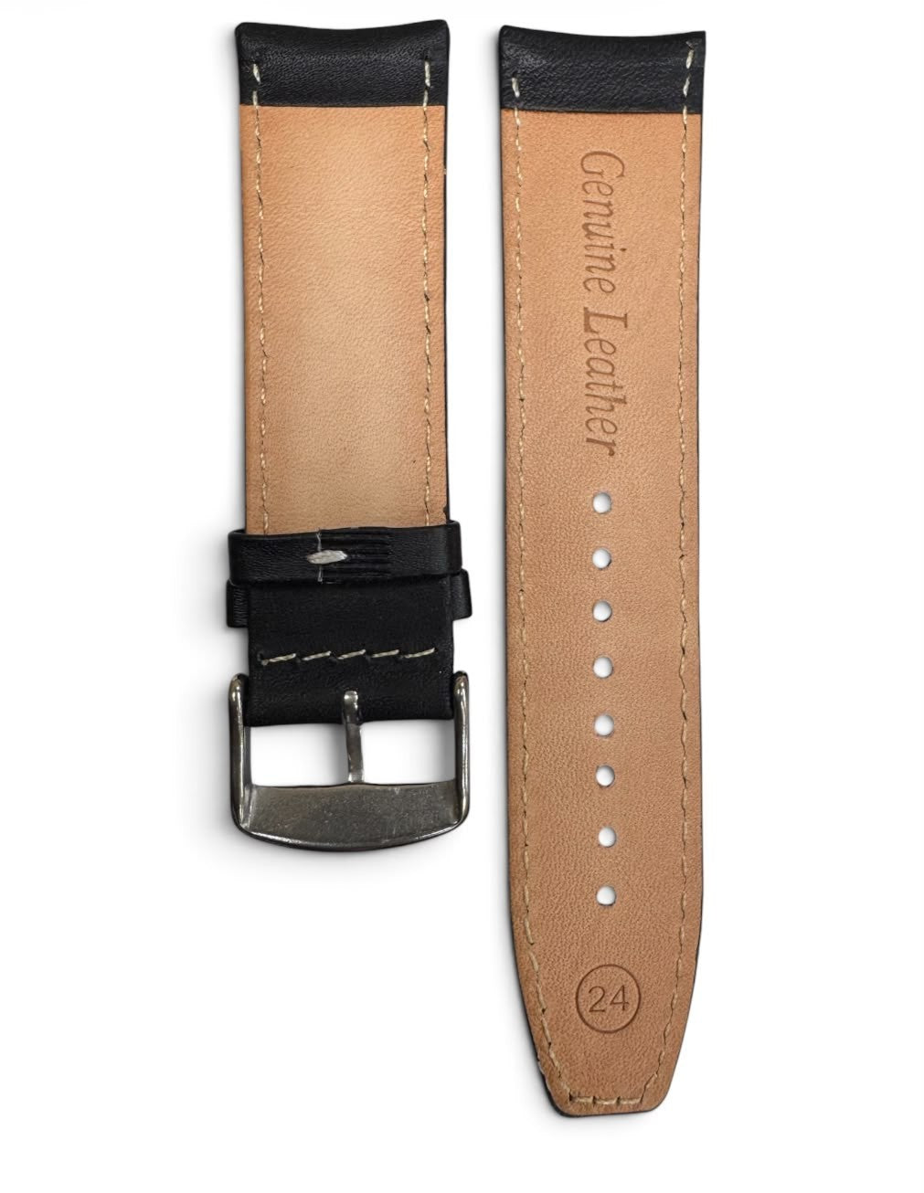 24 MM BLACK GENUINE LEATHER Watch Band for High End Watches Stitched