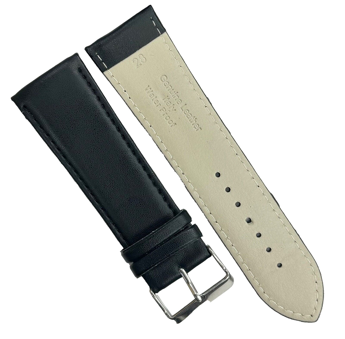 Watch Band Genuine Leather Black Grain 28mm Flat, Stitches (A1 Quality)