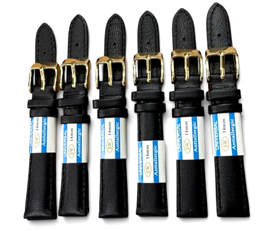 (set of 6) Black genuine calfskin leather watch strap band Kreisler New-12,14mm