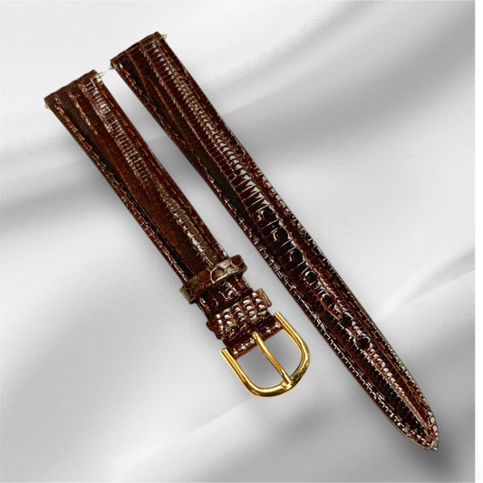 12mm-R  D-BROWN 100% Real Lizard Watch Band Padded Watch Band With Gold Buckle