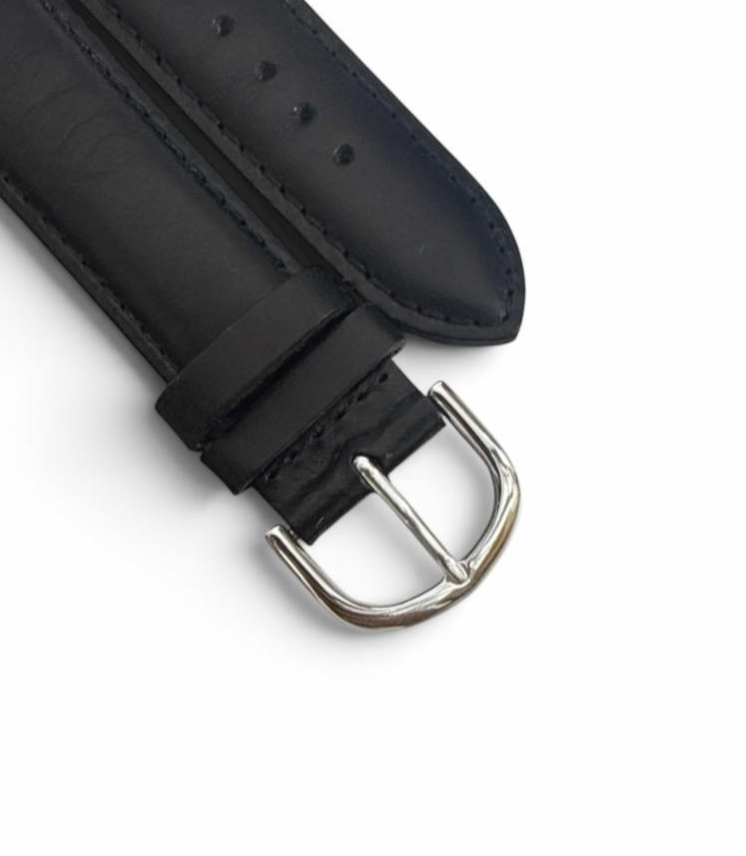 20mm Black Genuine Leather Padded Stitched Watch Band