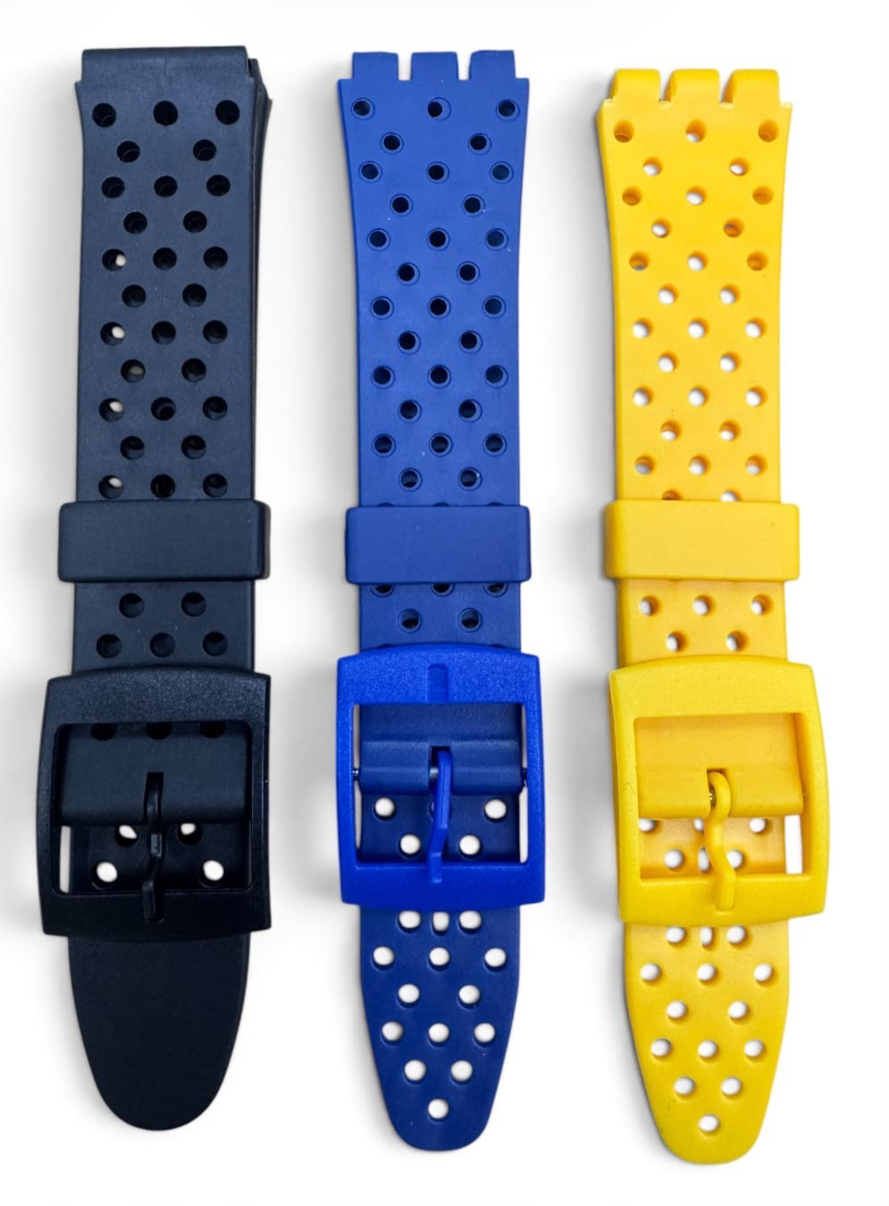 SET OF 3 17MM PVC Watch Band Flat with HOLES without pins Yellow Black Blue