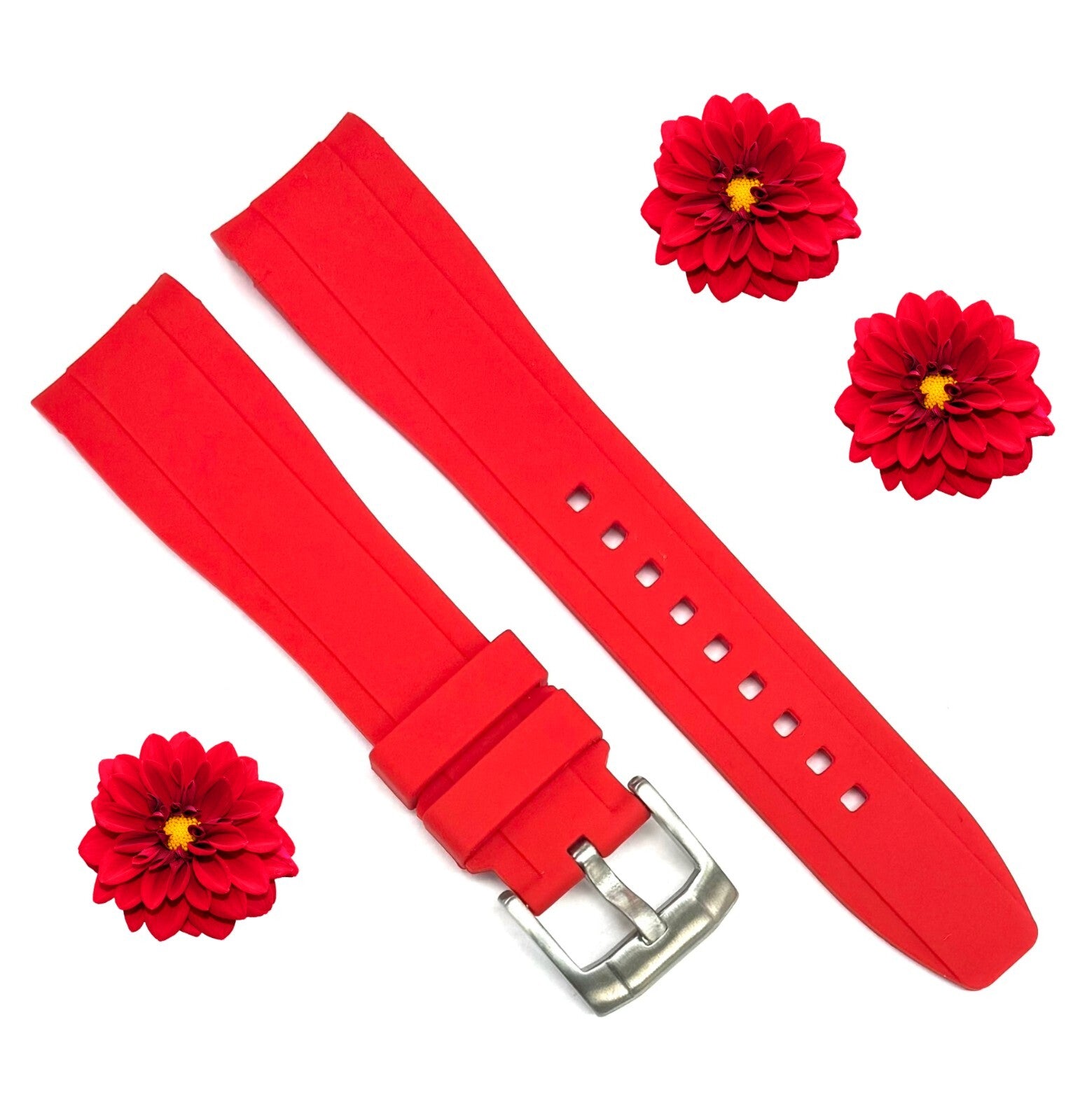 18-24mm Curved-End Scarlet Red Soft & Smooth Silicon Rubber Watch Band