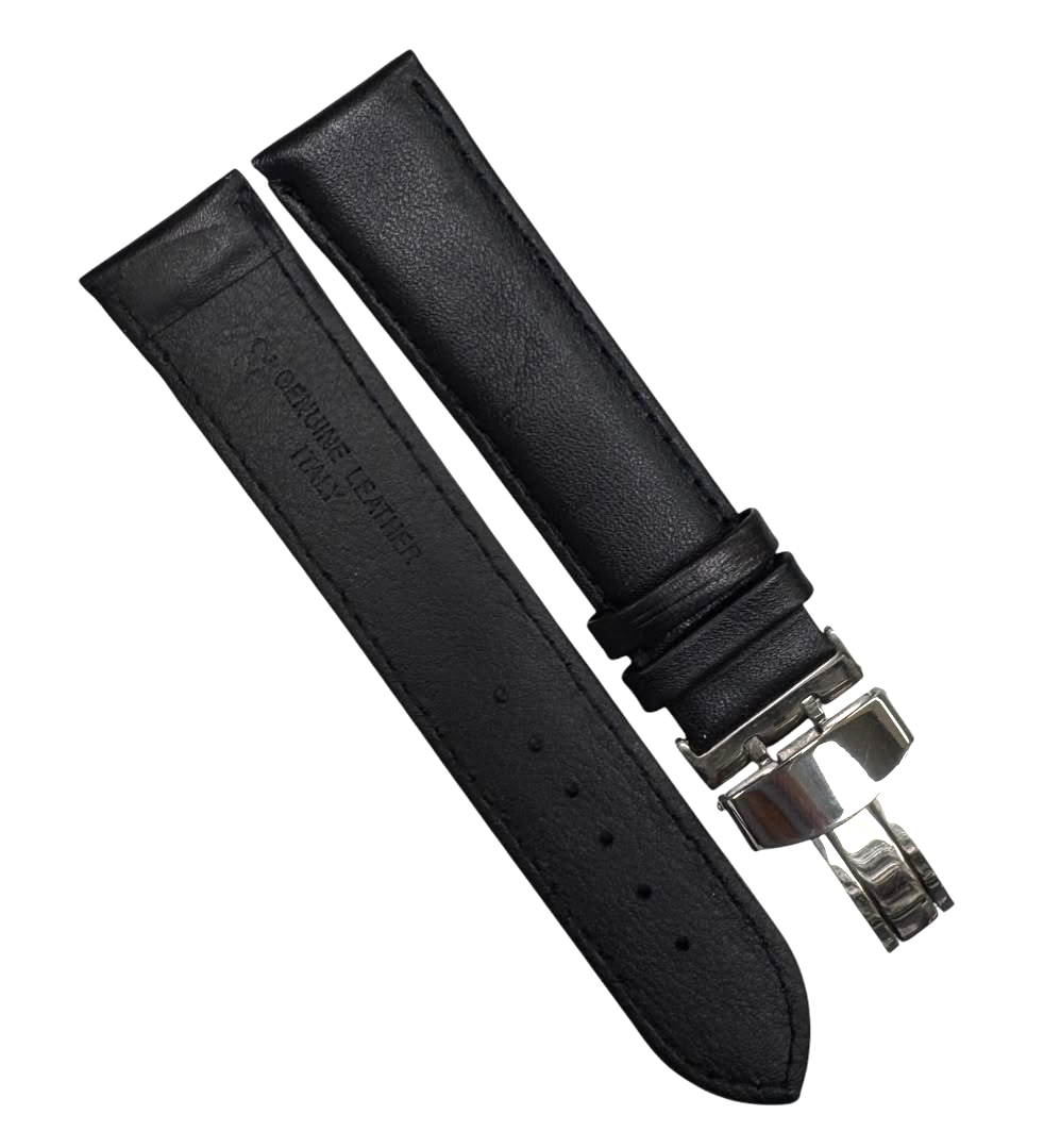 22mm BLACK Genuine Leather stitched Padded Watch Band With Deployment Buckle