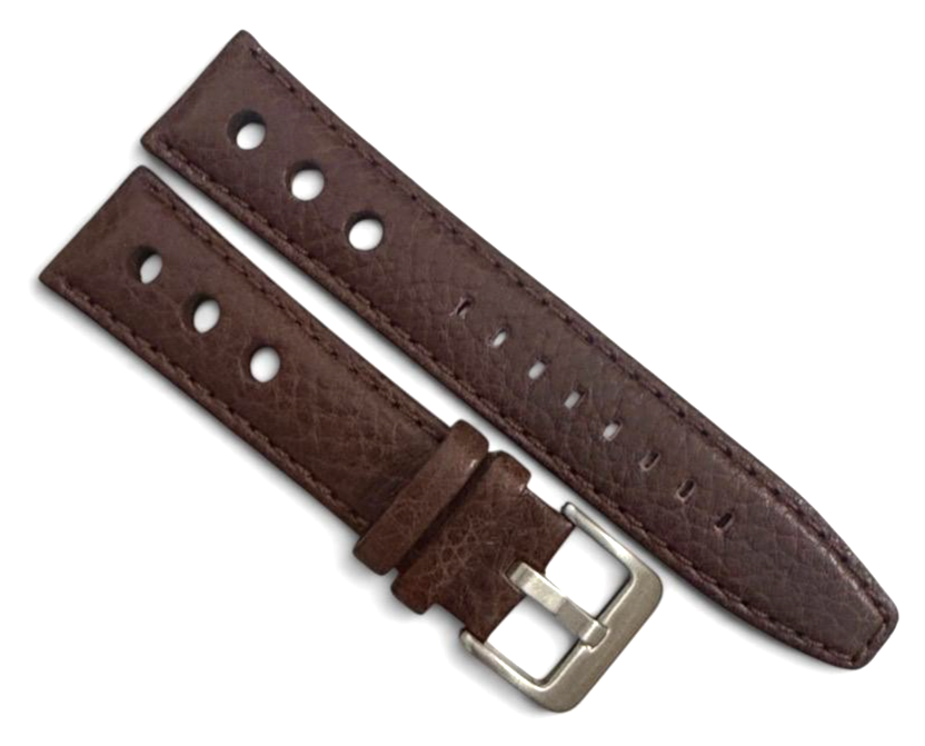 Racing watch rally band textured brown calf grain thick leather 20mm big holes