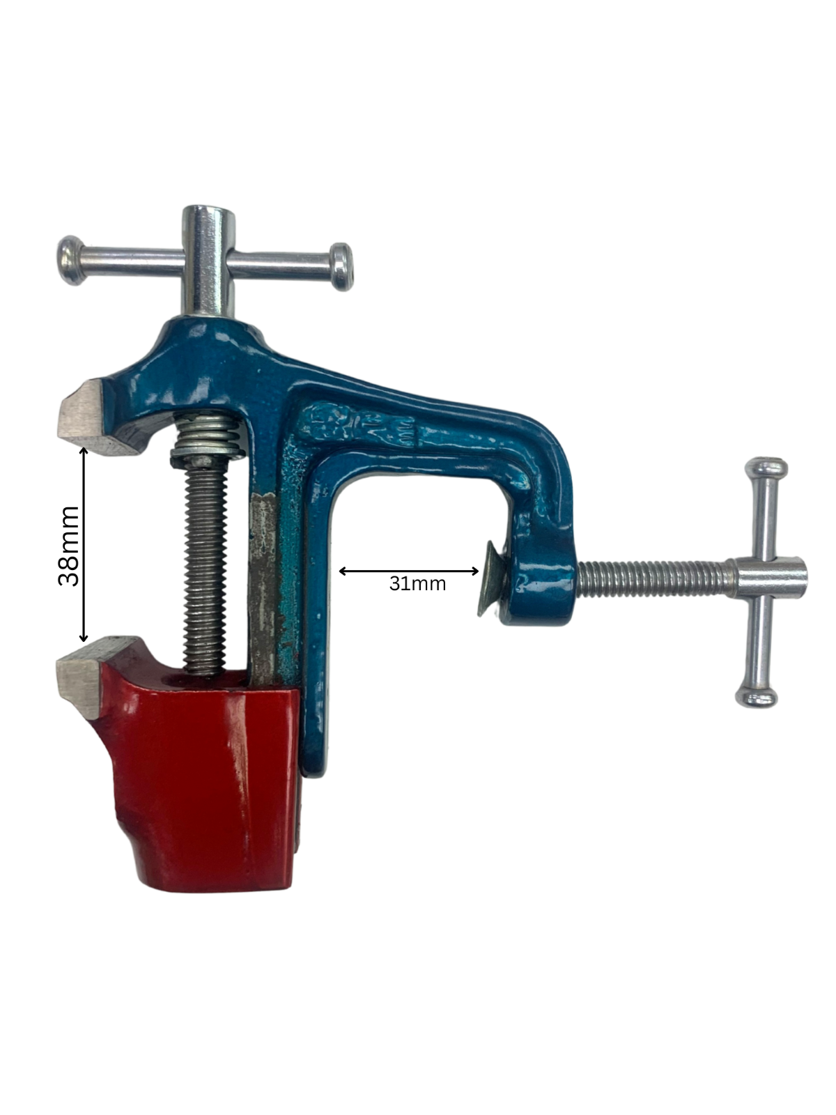 Baby Vice Metal Table Bench -Blue & Red with Fixed Base - Clamp 38mm, Jaw 31mm