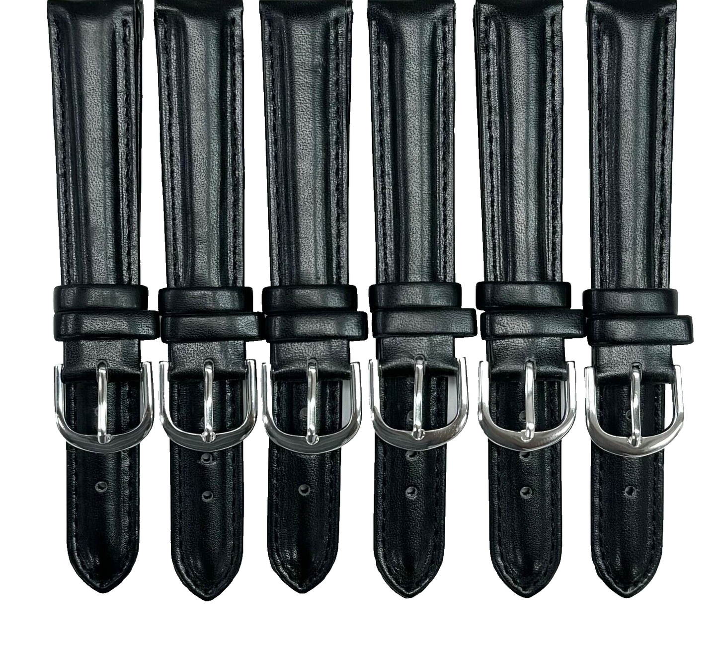Lot of 6 Watch Bands Plain Black with Stitches Genuine Leather Padded 16mm