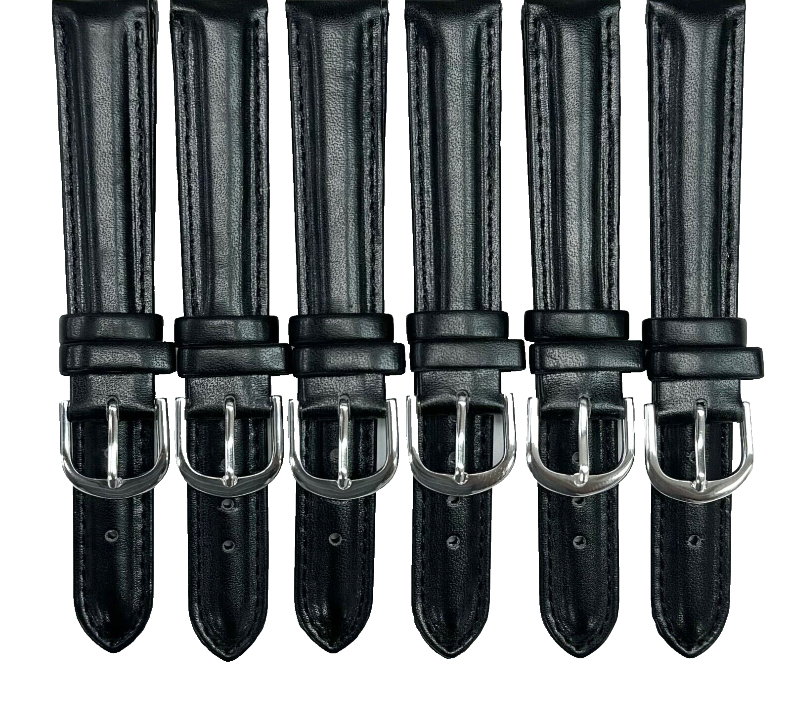 Lot of 6 Watch Bands Plain Black with Stitches Genuine Leather Padded 16mm
