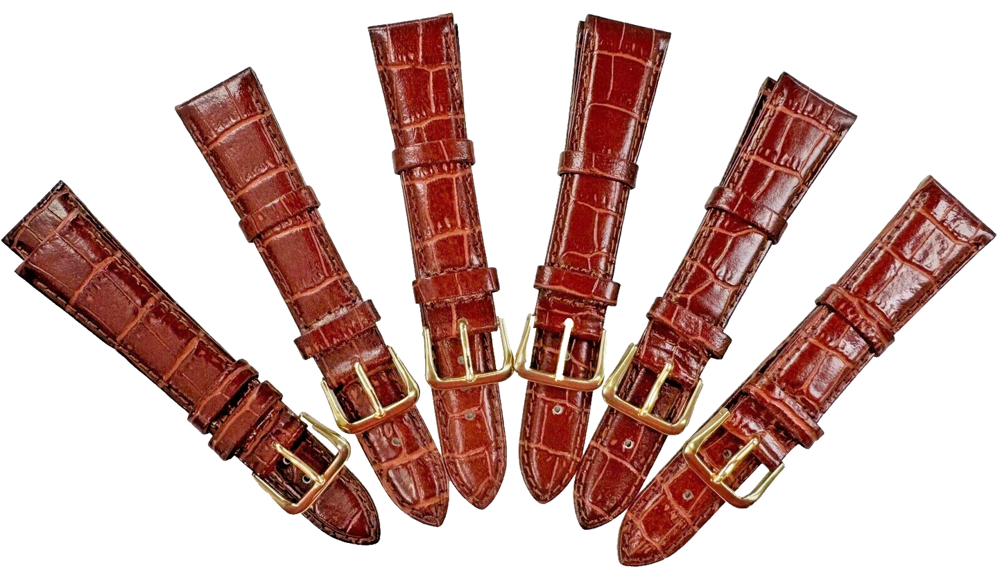 Lot of 6 Watch Bands Leather Alligator Grain Brown Stitched Padded 16mm