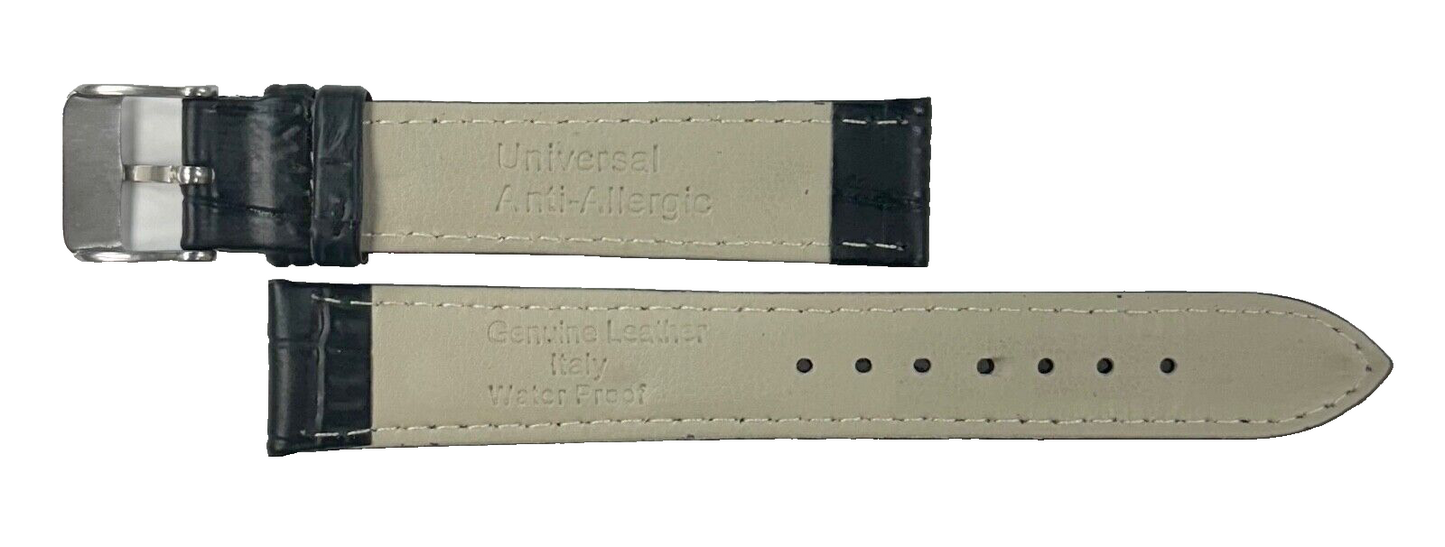Watch Band Black Genuine Leather Alligator Grain Flat Stitches 18x16mm