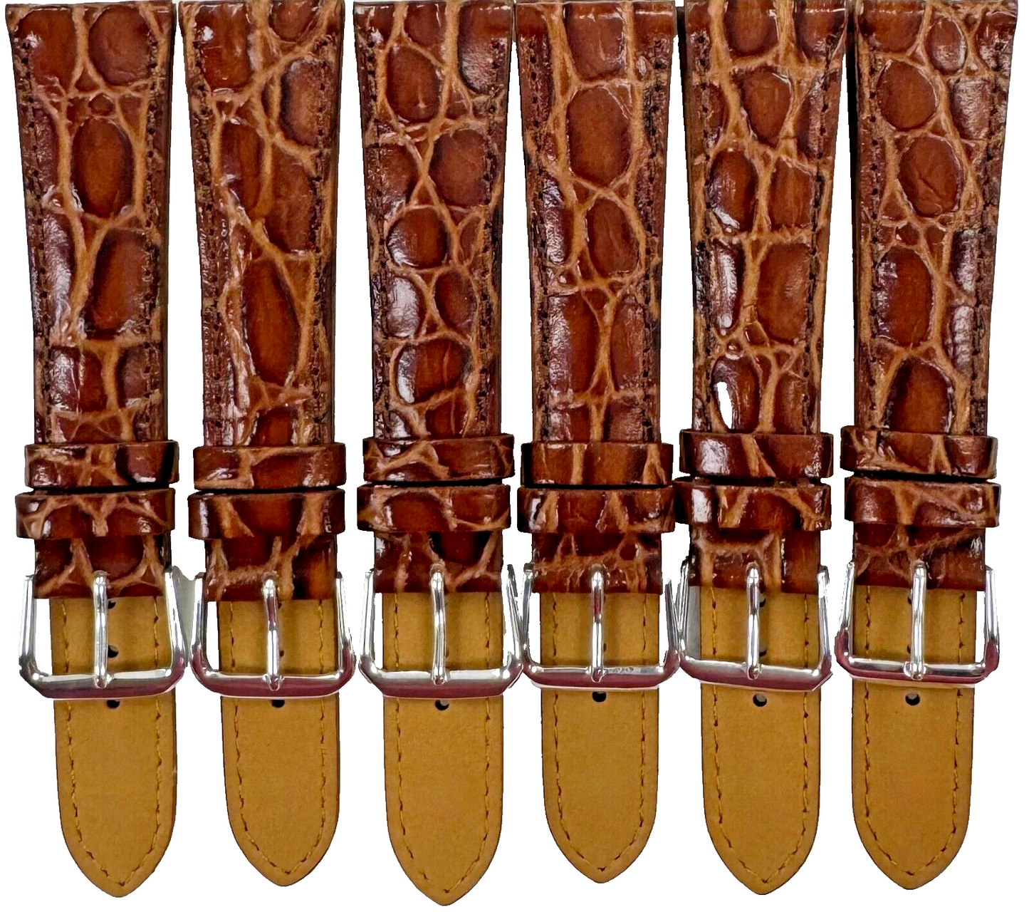 lot of 6 Watch Band D.Brown Genuine Leather Crocodile Grain Padded,Stitched 20mm