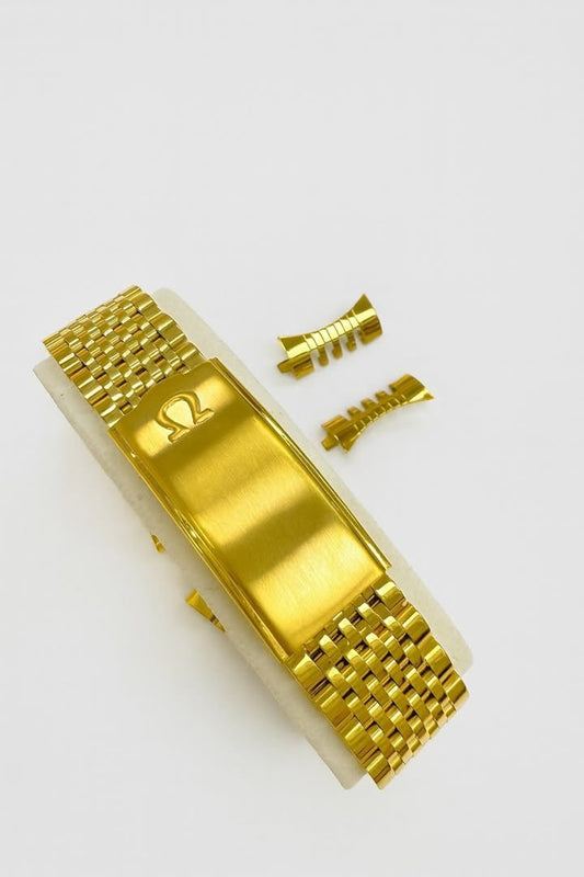 High-Quality OMEGA 1502 S.Steel Gold Band Bracelet-18,19,20mm-Curved End