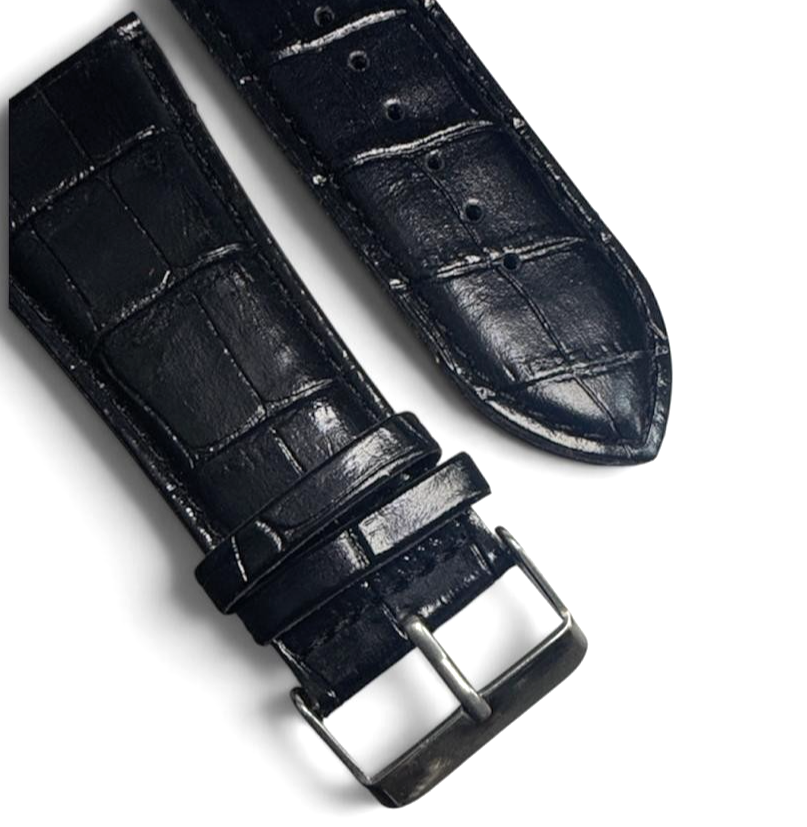 Leather Watch Band, Alligator Style Black color Strap -32mm