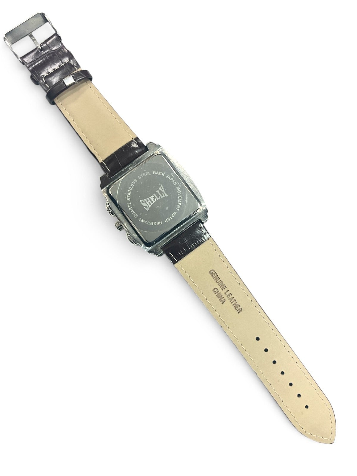 SHELLY Square Dial Watch Silver Tone Brown Genuine Leather Band